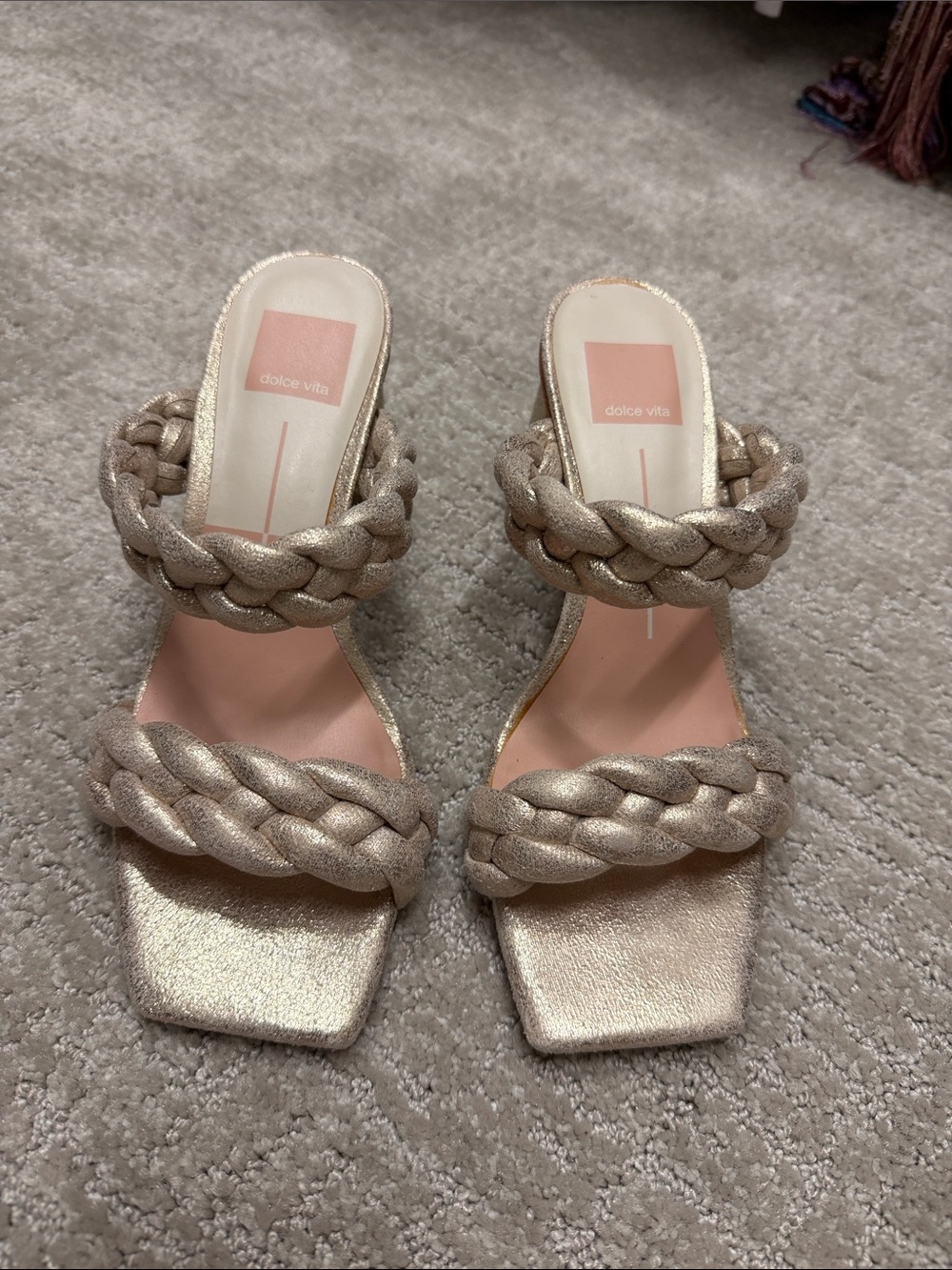 Dolce Vita Braided Double-Strap Heeled Mules - Champagne Metallic